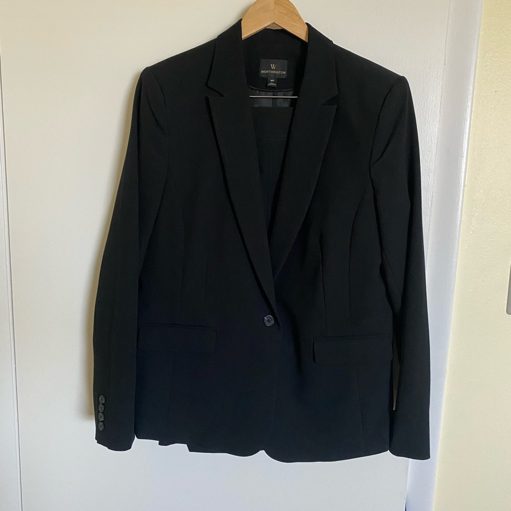Worthington two piece black suit in tall size. Jacket and skirt.